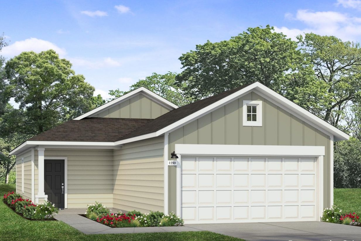 Rendering of one story home with two tone green siding, white trim and garage