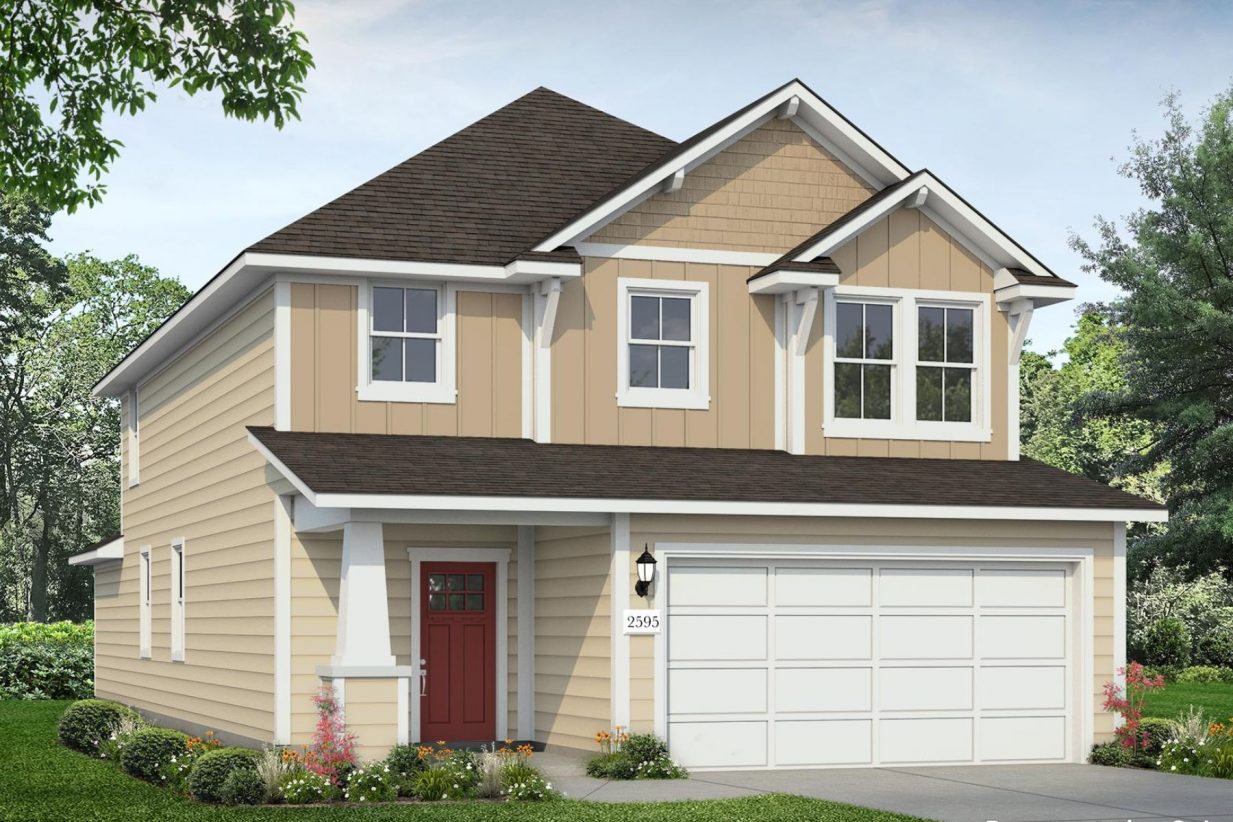 Rendering image of front exterior of two story home with a red door and beige exterior