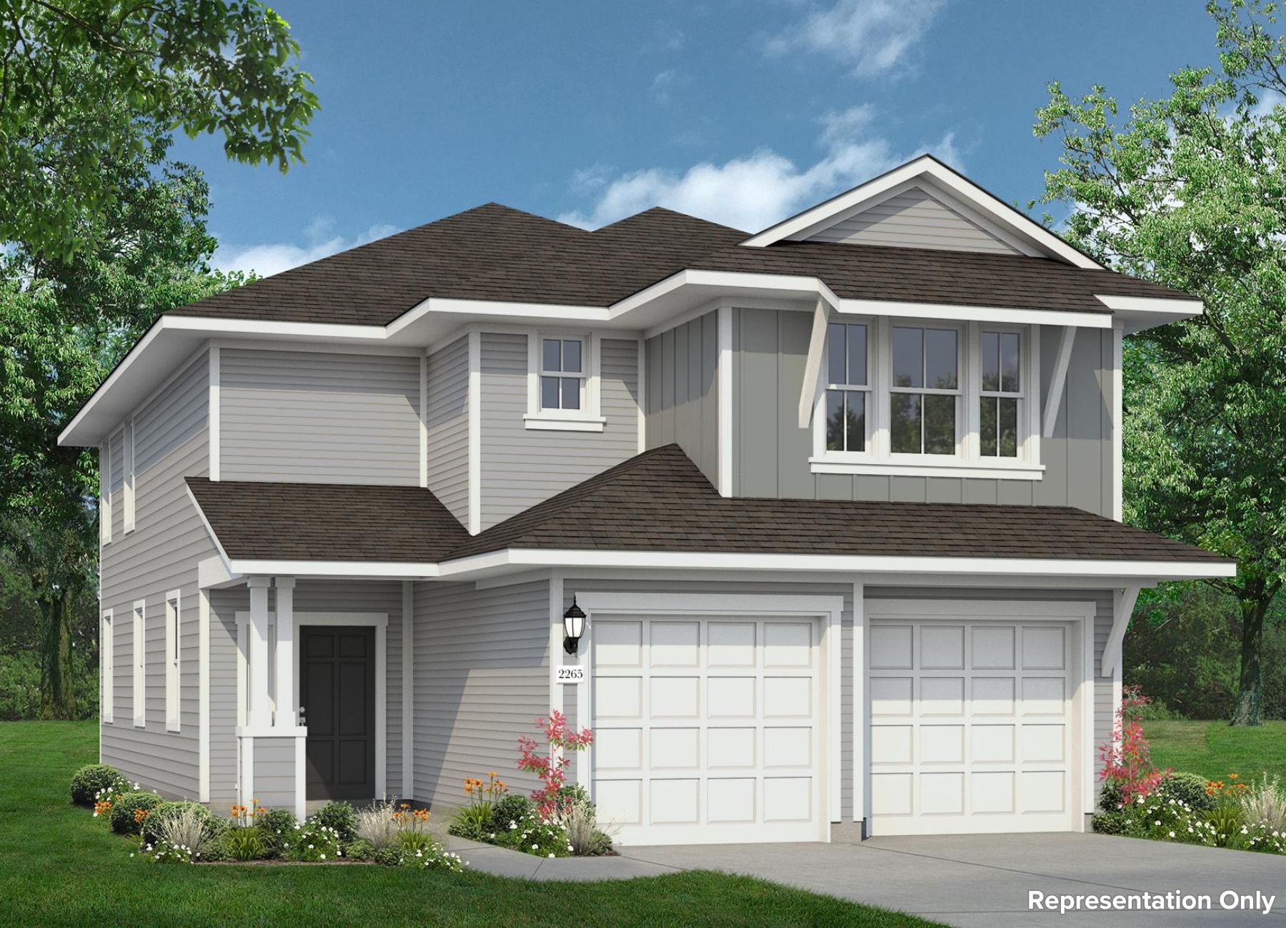 Rendering image of front exterior of two story home with grey paint and a two car garage on right side