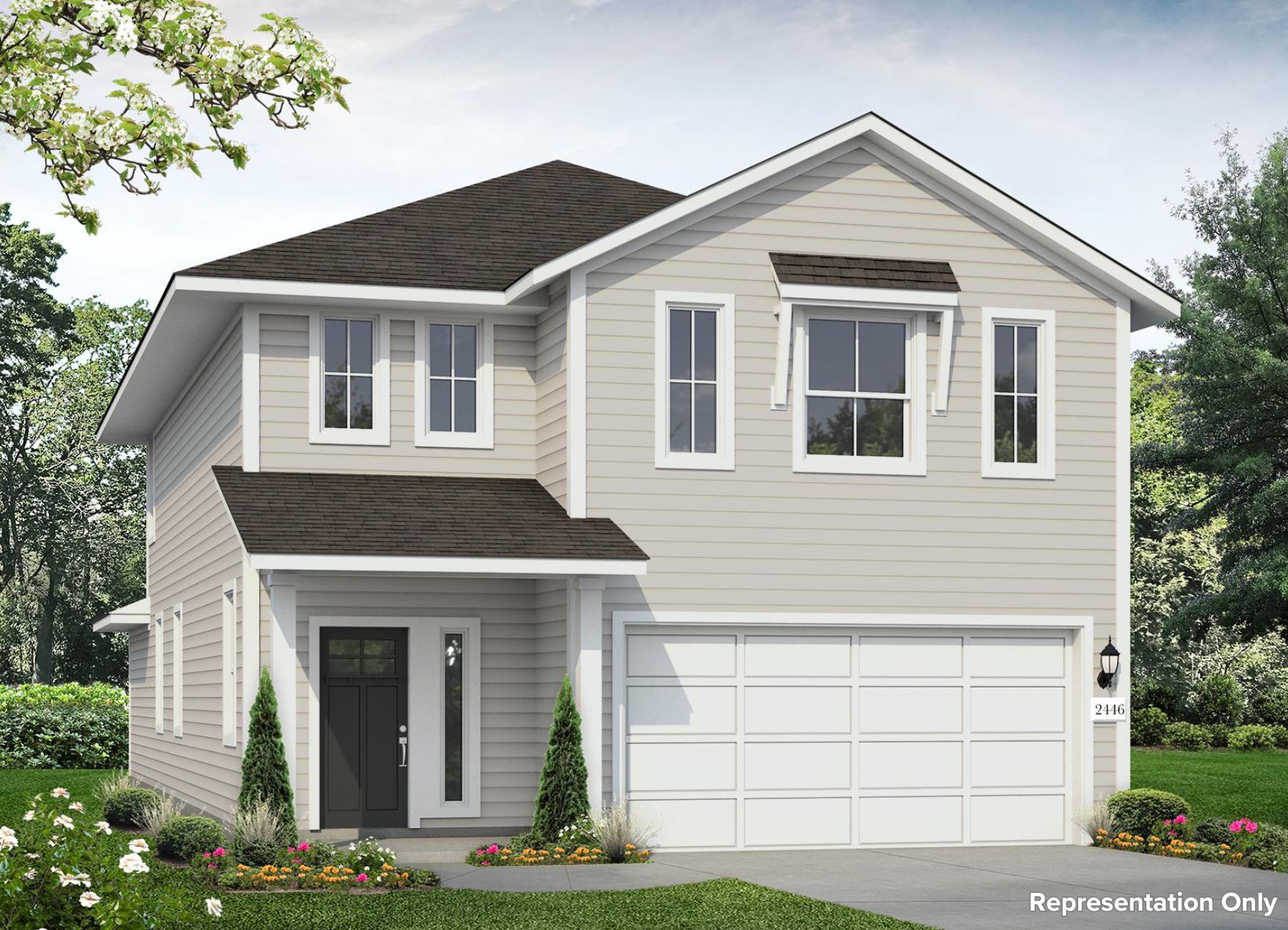 Rendering image of front exterior of two story home with beige paint and garage on right side