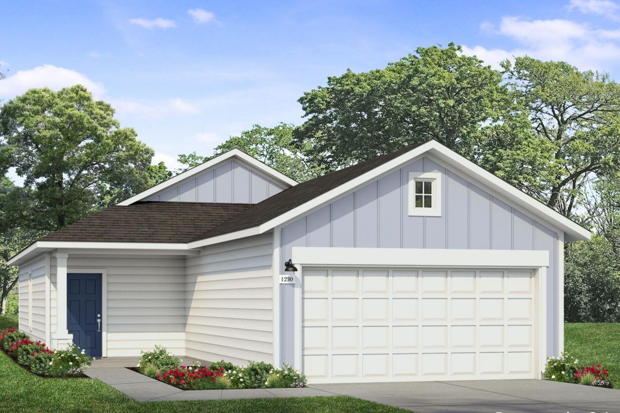 Rendering of outside front view of home with blue door and attached garage on the right side