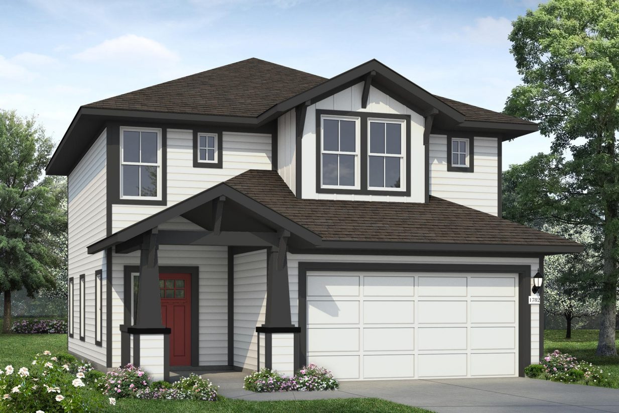 Front exterior of two-story home with white paint and black trimming and a red door.