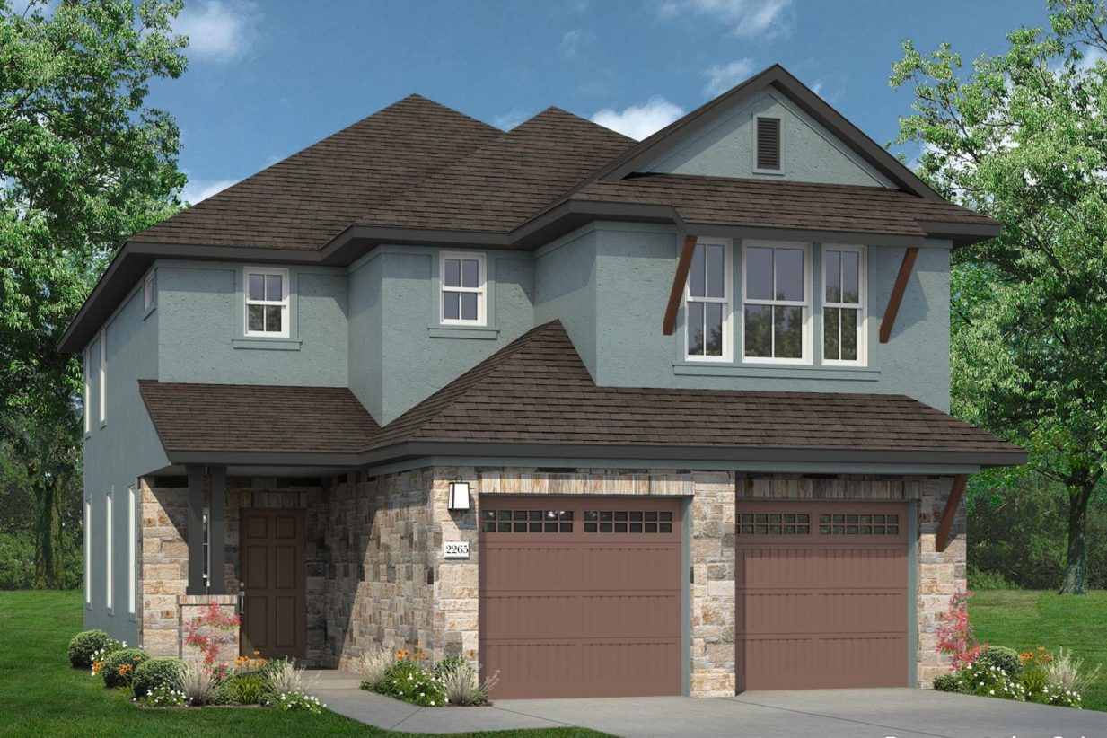 Rendering image of front exterior of two story home with two car brown garage