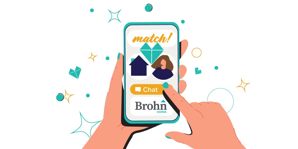 Cartoon of person with blue nails holding a phone that has the Brohn logo on it.
